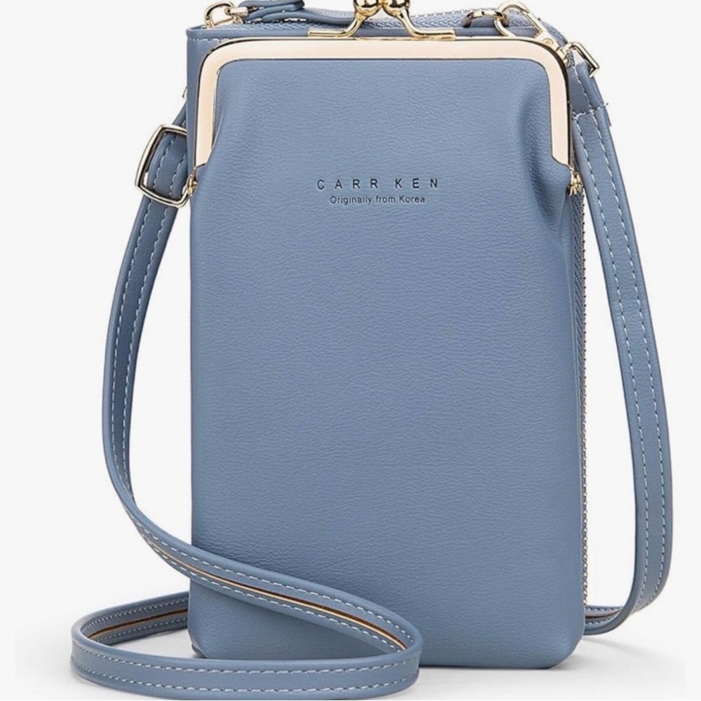 CARR KEN Dusty Blue Wallet Crossbody Purse with Vintage-inspired Kiss-lock Pouch